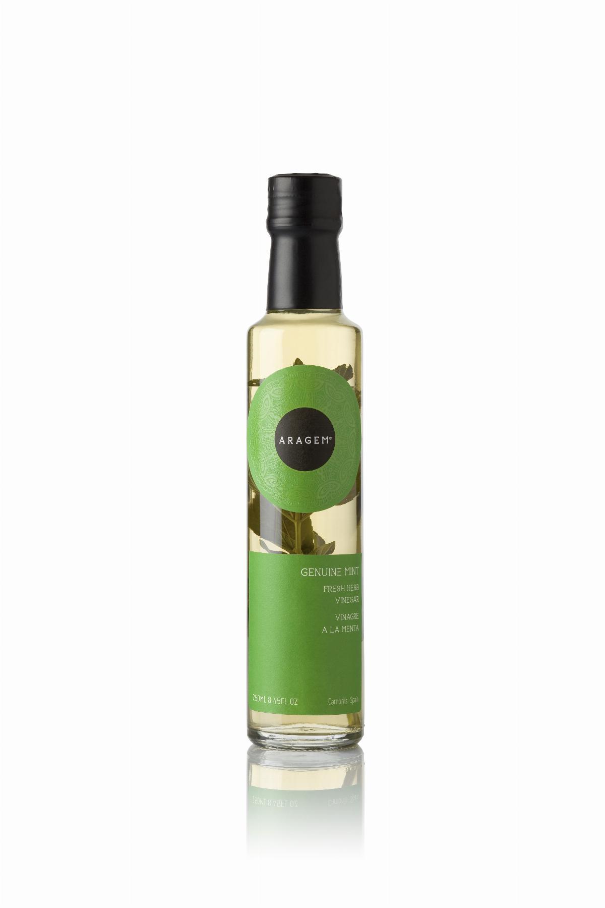 Vinagres - Vinagre d'Herbes Menta Aragem, ampolla Dòrica transp.  250ml. ES - Mestral Cambrils