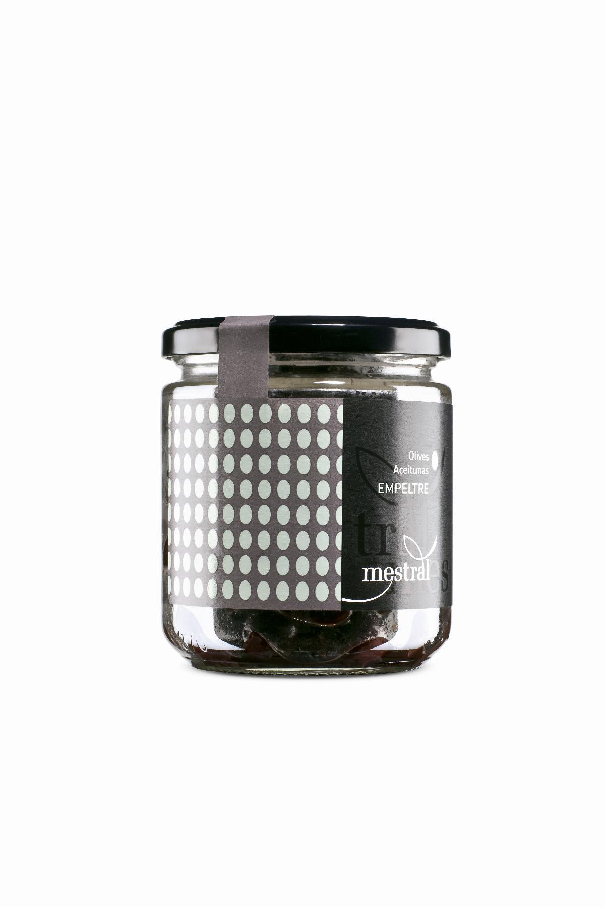 Olives Empeltre Mestral, pot transparent 200g, CAT-ES-EN-FR-DE