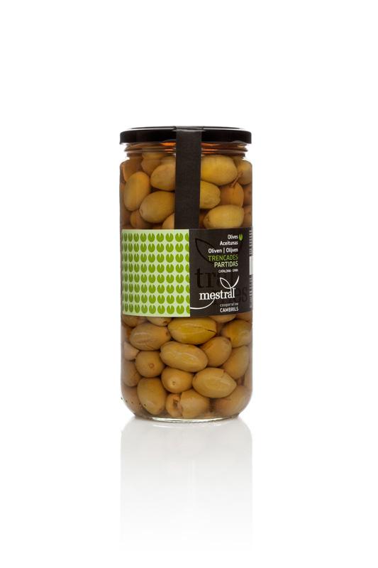 Olives - Olives Trencades Mestral, pot transparent 440g CAT-ES-EN-FR-DE-NL - Mestral Cambrils