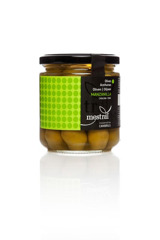 Olivas - Olives Manzanilla Mestral, pot transparent 200g, CAT-ES-EN-FR-DE-NL - Mestral Cambrils