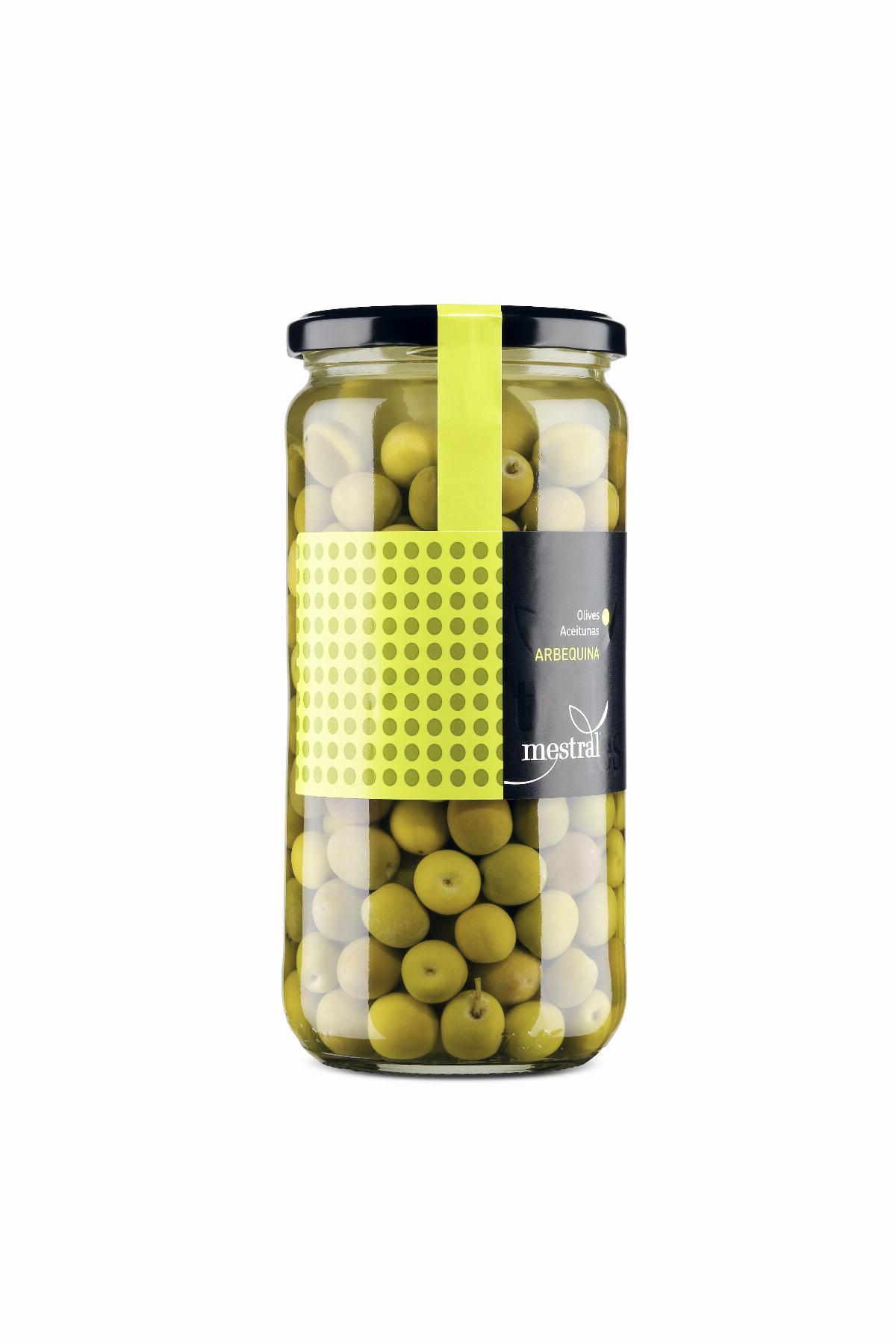 Olives Arbequina Mestral, pot transparent 440g, CAT-ES-EN-FR-DE