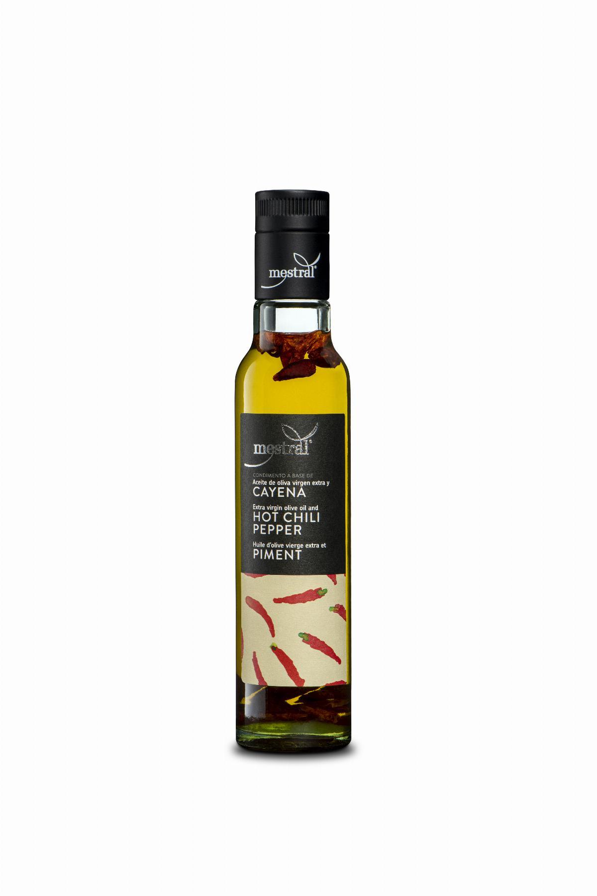 Oli d'oliva Verge extra Mestral amb caiena. amp.250 ml