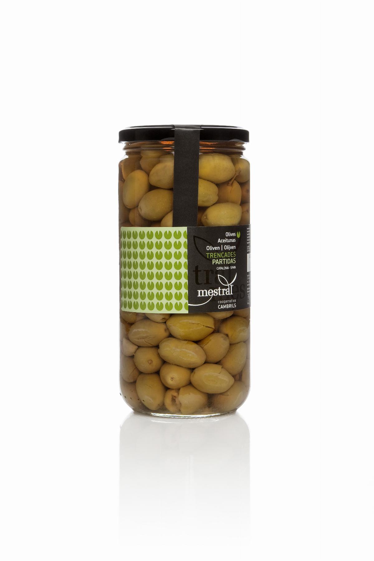 Olivas - CAIXA Olives Trencades Mestral, pot transparent 440g CAT-ES-EN-FR-DE-NL - Mestral Cambrils