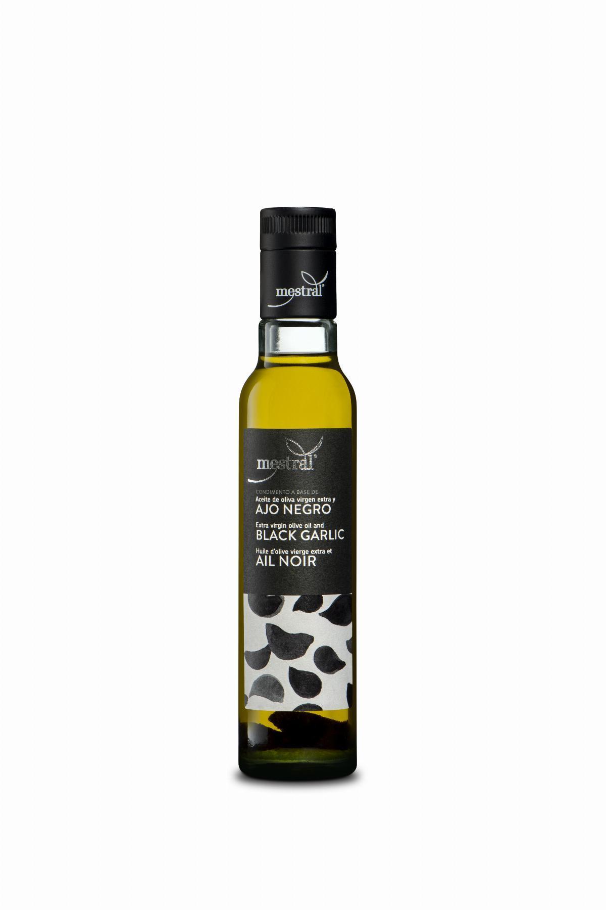Huile d'olive et Condiments - Oli d'Oliva Verge Extra Mestral amb All Negre, ampolla Dòrica transparent, 250ml, ES-EN-FR - Mestral Cambrils