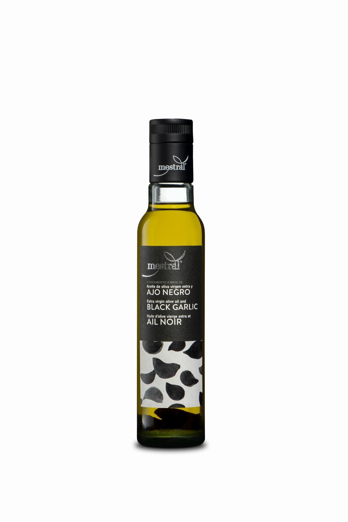 Oli d'Oliva Verge Extra Mestral amb All Negre, ampolla Dòrica transparent, 250ml, ES-EN-FR