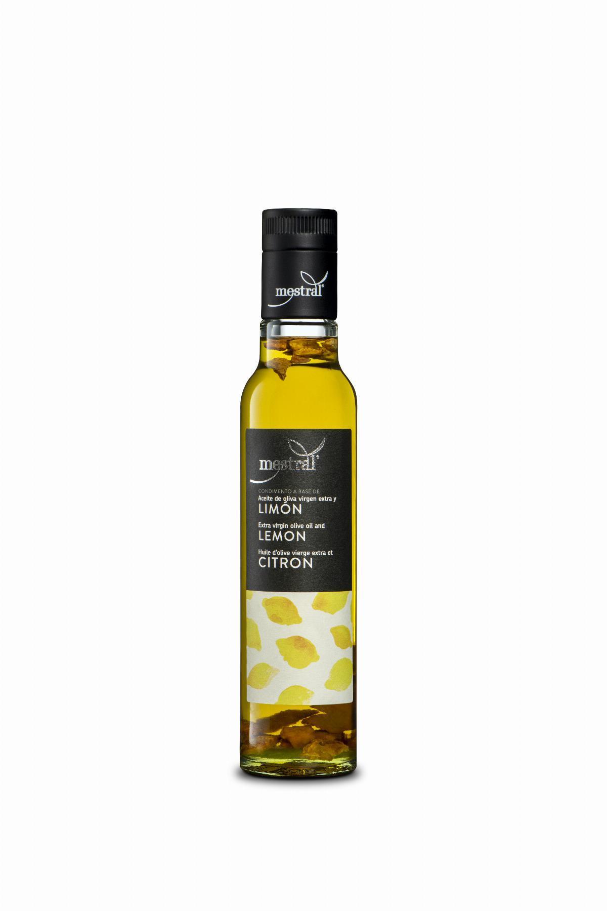 Oli d'Oliva Verge Extra Mestral amb Llimona, ampolla Dòrica transparent, 250ml, ES-EN-FR