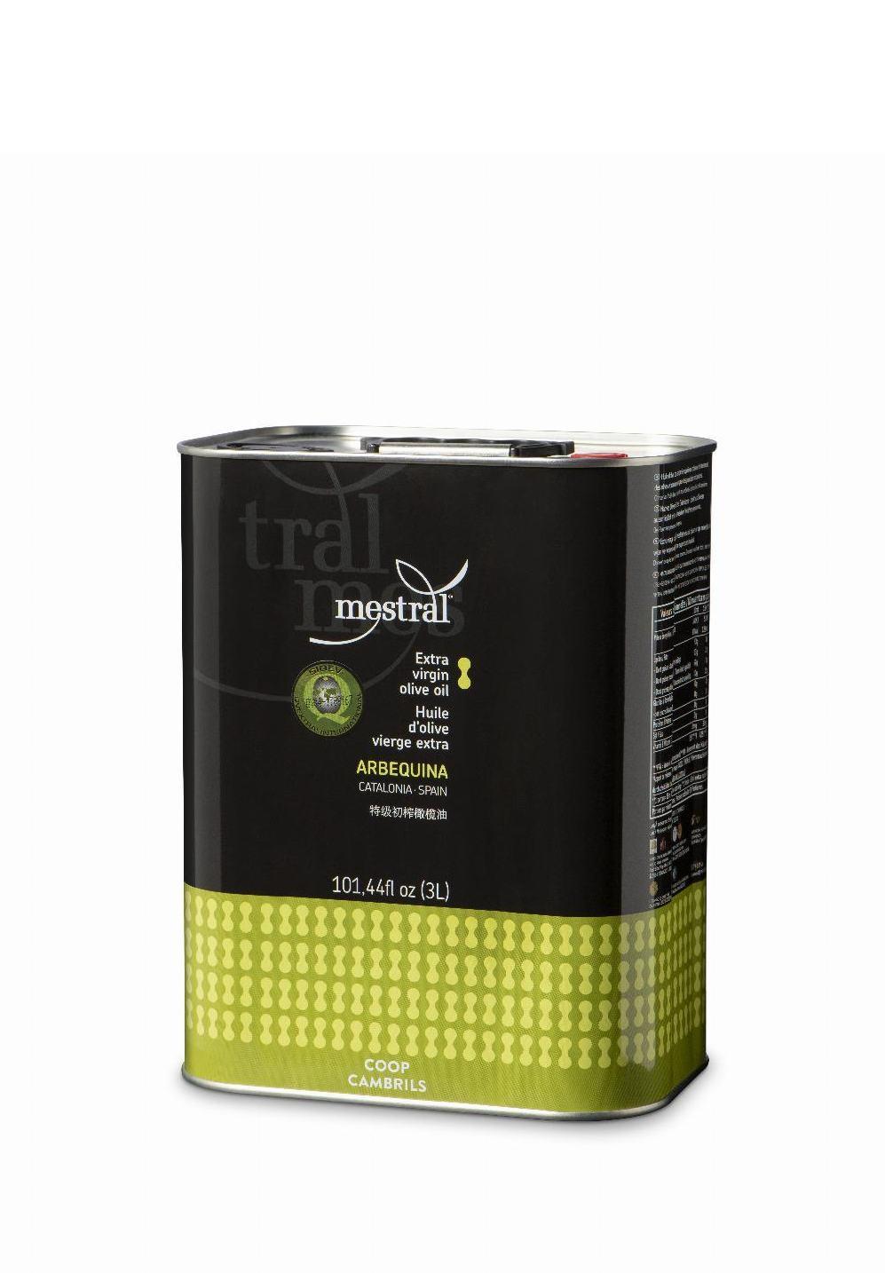 Olive Oil & Seasonings - Extra Virgin Olive Oi Mestral Tin 3L 100% Arbequina - Mestral Cambrils