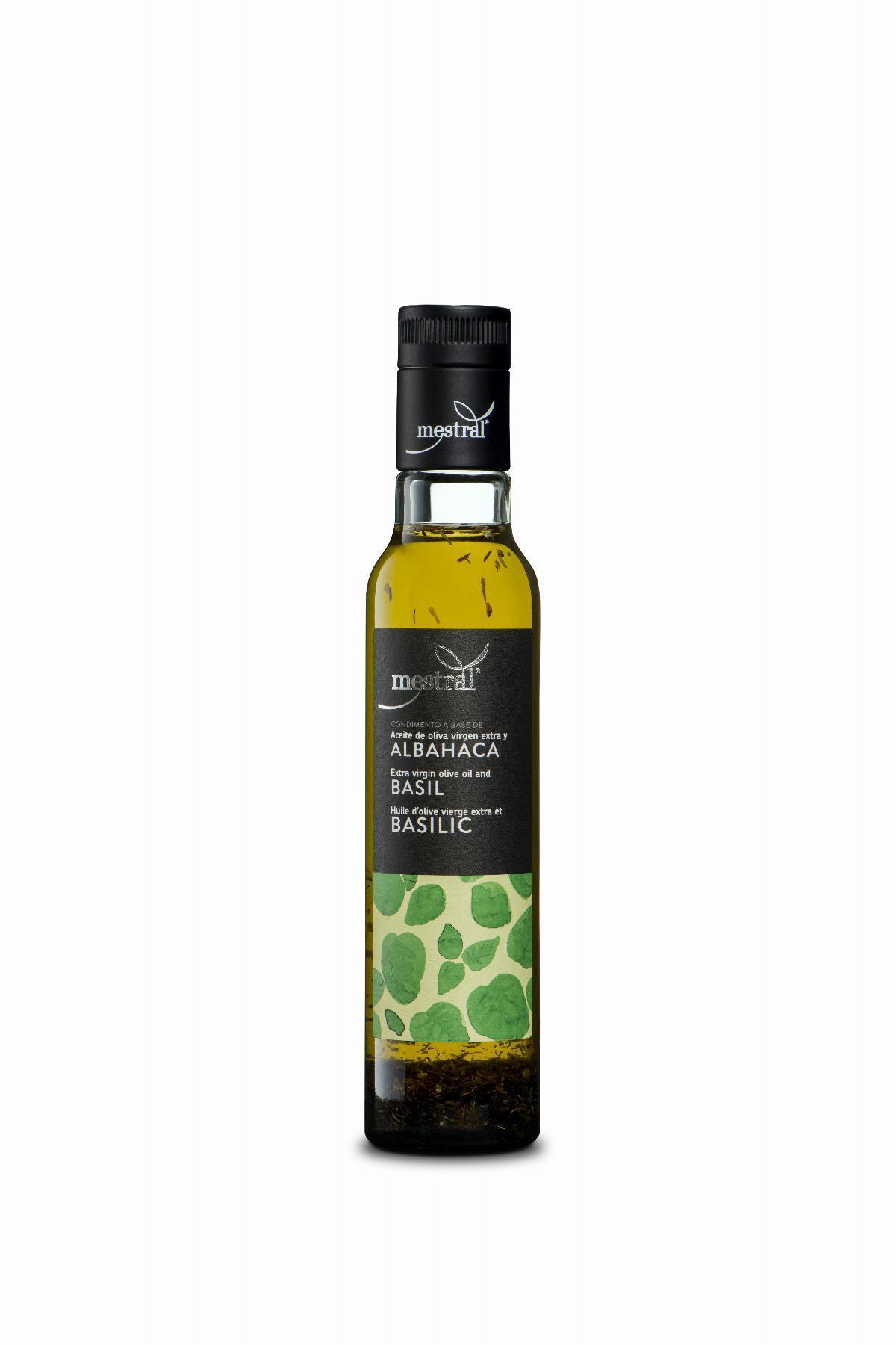Huile d'olive et Condiments - Condiment à base d'huile d'olive au basilic Mestral bouteille 250 ml - Mestral Cambrils